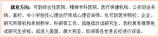 文本框: 就业方向：可到综合性医院、精神专科医院、医疗保健机构、公安政法系统、高校、中小学担任心理治疗师或心理咨询师。也可到医学院校、企业、研究所等机构承担教学、科研等工作。或继续攻读研究生，我校具有推荐免试研究生资格。或进入美国、澳大利亚、欧洲等各世界名校进行深造。